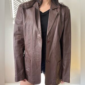 Vintage Y2K Preppy Brown Midi Leather Jacket Button Down Blazer - Size Large